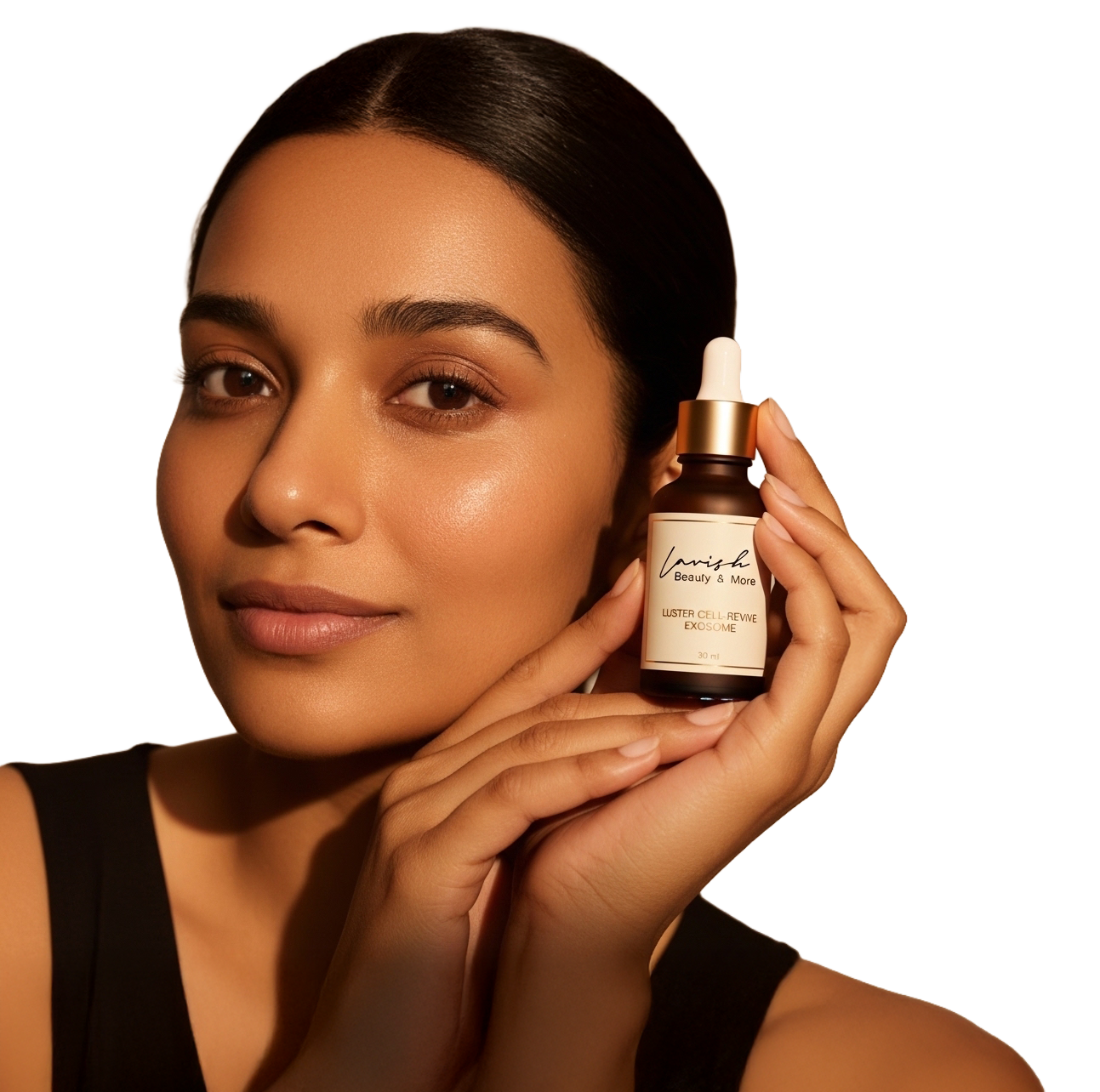 A model holding a bottle of Luster Cell-Revive Exosome beside her face