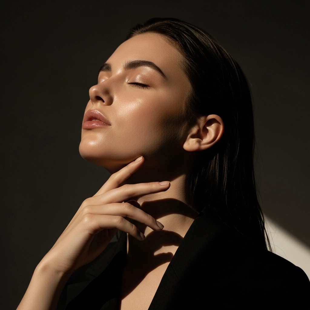 A model with her eyes closed, one hand at her neck, in warm side light