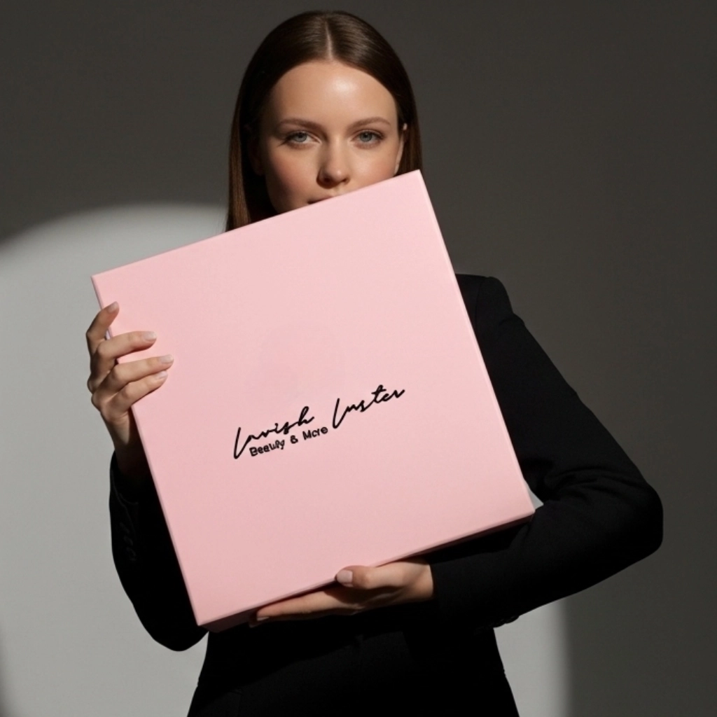 A model in a black blazer holding a pink Lavish Luster box