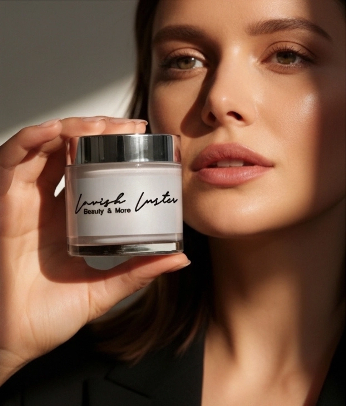 A model holding a Lavish Luster cream jar beside her face