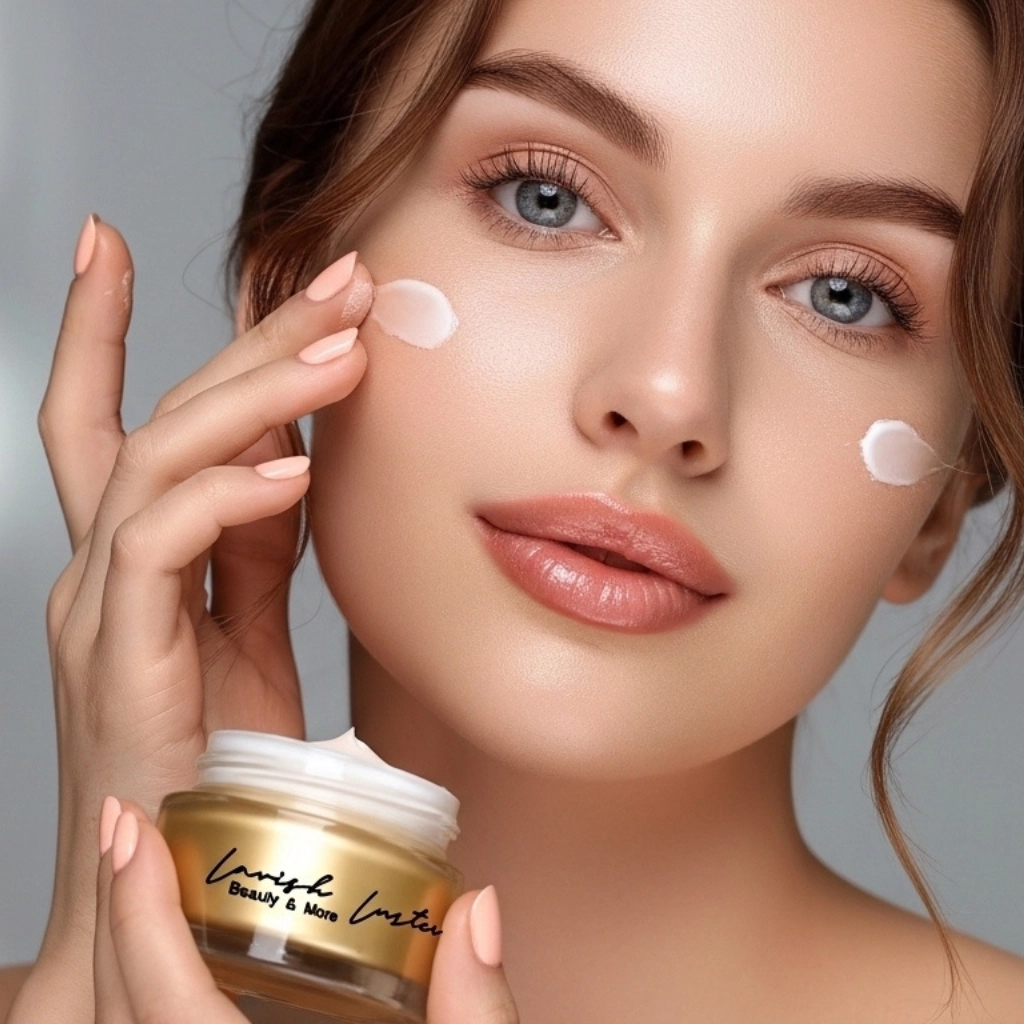 A model applying cream to her cheek, holding a gold Lavish Luster jar