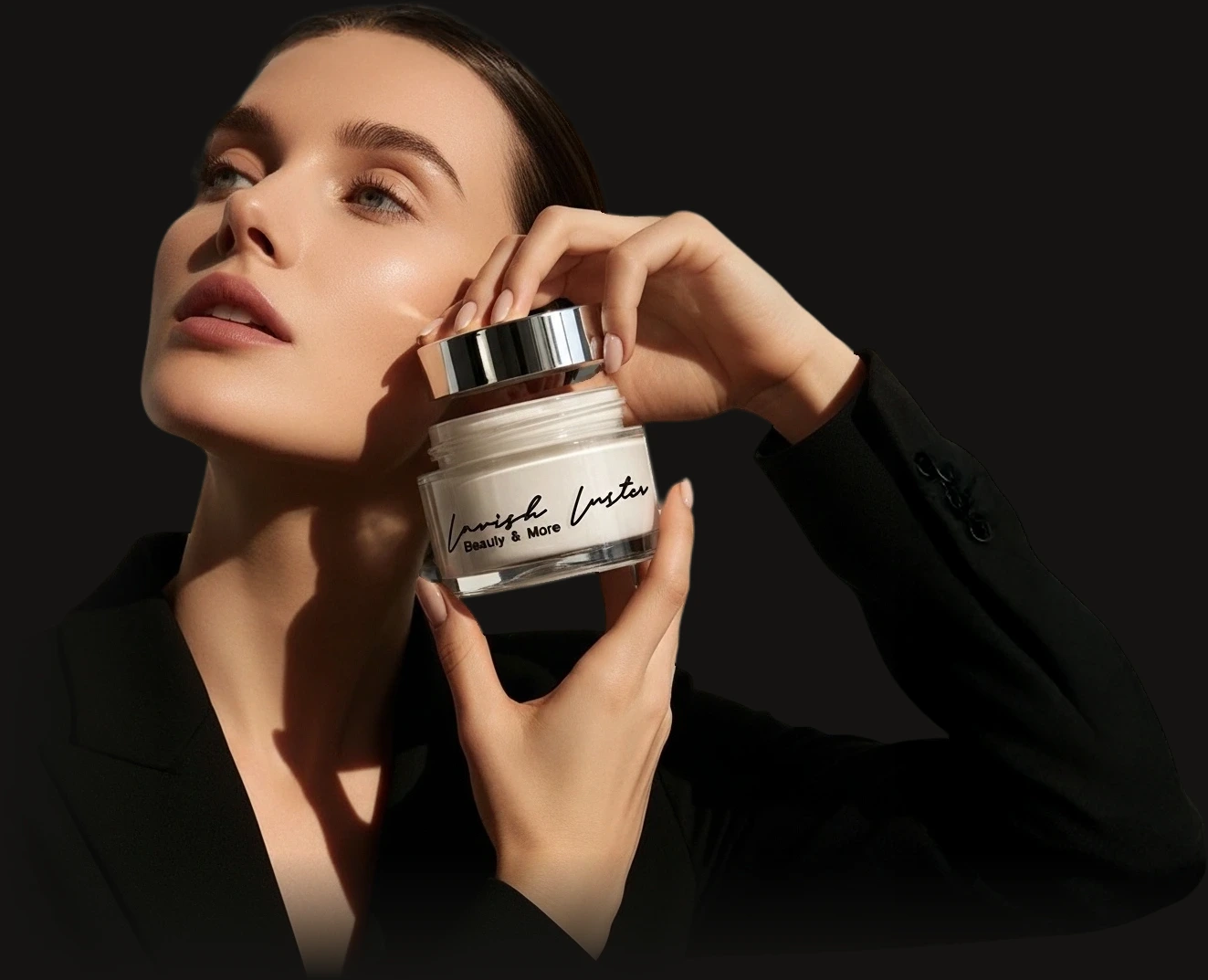 A model holding a Lavish Luster cream jar against her cheek
