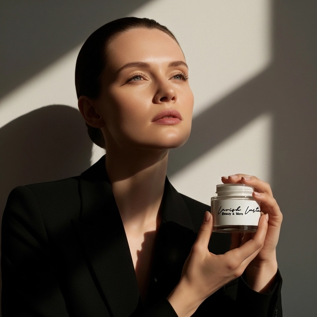 A model holding a Lavish Luster cream jar in window light